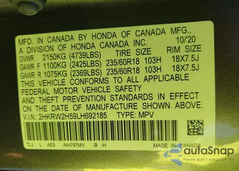 2020 Honda Cr-V Awd Ex z USA, uszkodzony, nr VIN 2HKRW2H59LH692185